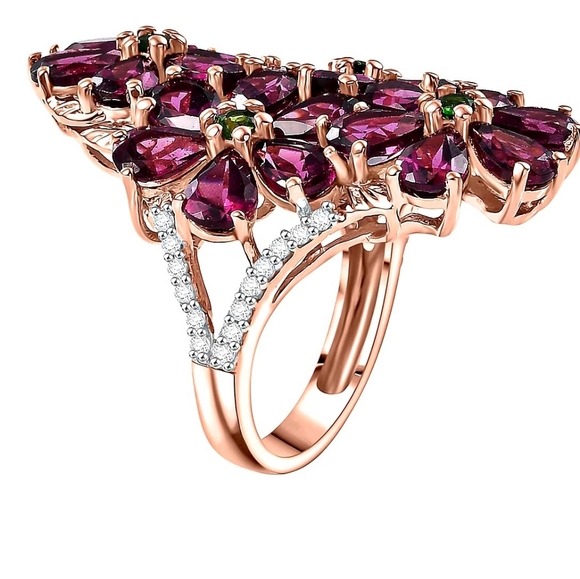 Orissa Rhodolite Garnet, Chrome Diopside With White Zircon In A Floral Ring - Picture 4 of 6